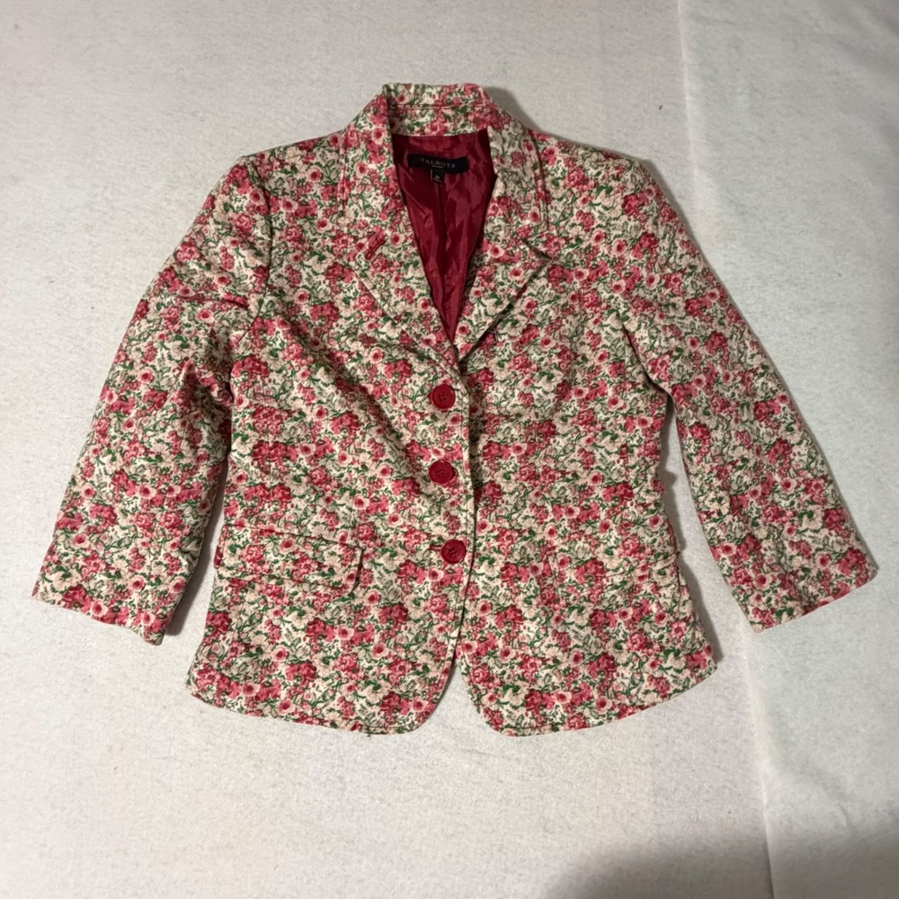 Talbots Petites Women 8P Floral Blazer Pink Green Cotton Button Front Jacket